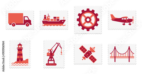 Minimalist Red Logistics and Infrastructure Postage Stamp Collection for Global Trade and Engineering Illustration