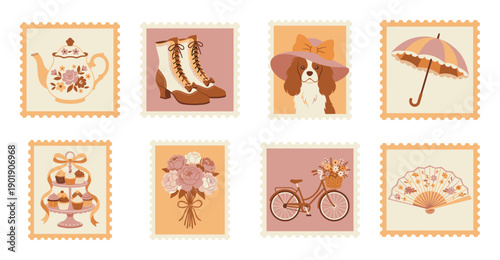 Vintage Aesthetic Victorian Ephemera Postage Stamp Collection for Romantic Scrapbooking Stationery