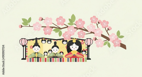 Traditional japanese kiyomizu dera temple stage with geisha and pink cherry blossoms