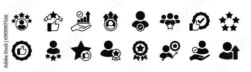 Set of solid black icons representing customer satisfaction feedback quality assessment performance improvement and user experience ratings with stars thumbs up and badges award symbol