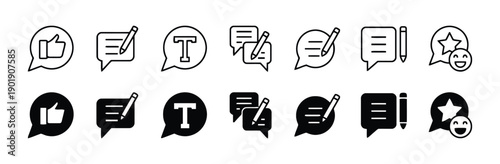 Set of speech bubble icons with like, writing, text, message, and rating symbols in outline and filled styles