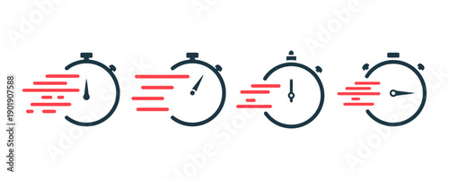 Set of stopwatch icons with motion lines indicating speed and time tracking, representing fast performance, deadlines, and time management for various applications
