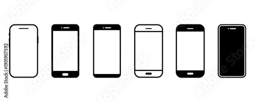 Set of smartphone outlines and solid icons, representing mobile devices and technology, modern gadget illustrations