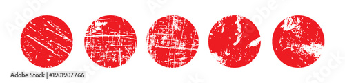 Set of vector red brush circles. Rough textured hand painted Japanese flag. Sponge stamp grungy red ink blobs, splashes. Abstract watercolor Japan flag illustration. Symbol of sun, calligraphy art