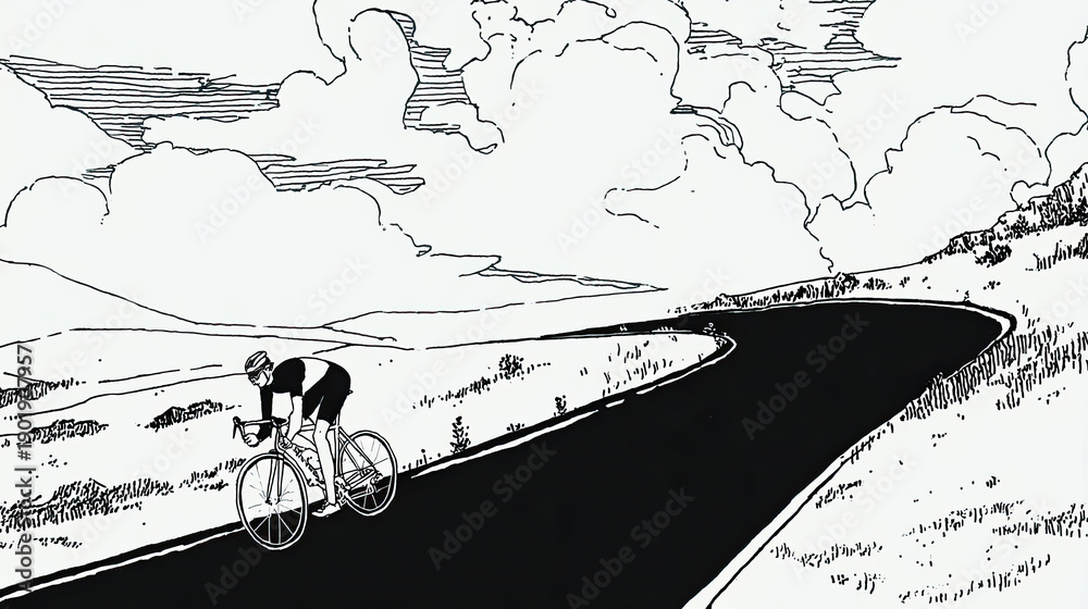 Obraz premium Minimal line illustration of cyclist riding empty road through open landscape conveying solitude endurance and steady personal journey