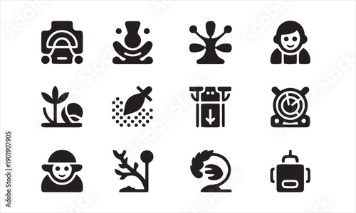 Set of twelve abstract and scientific black icons representing biology, technology, and human figures, including plants, DNA, and abstract shapes.