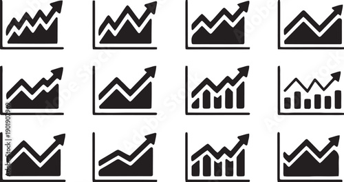 Set of twelve black and white line art icons representing business growth and analytics with upward trending charts and graphs illustrating progress and success on a white background isolated vector.