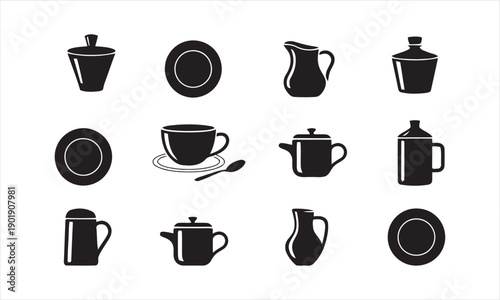 Set of twelve black icons representing kitchenware and tableware items including plates cups pitchers teapots and sugar bowls isolated on white background vector illustration