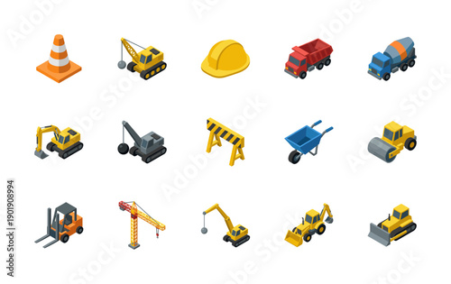 Construction isometric 3d icon set. Flat vector machinery symbols isolated.