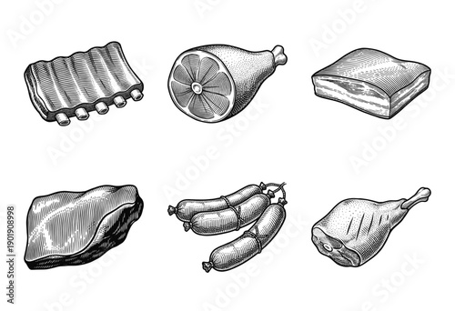 Set of meat products and butcher shop cuts in vintage engraved woodcut style featuring ribs ham bacon steak sausages and poultry leg
