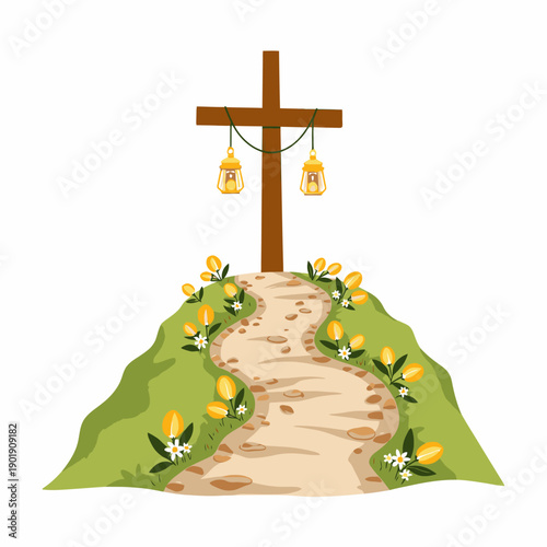 Illustration of a Scenic Pathway Leading to a Wooden Cross with Hanging Lanterns Surrounded by Blooming Flowers on a Lush Green Hilltop at Dusk