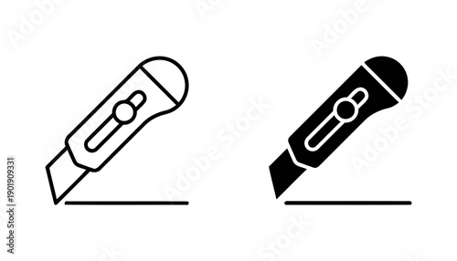 Set of two cutter knife icons outline and filled, representing cutting tools for crafting paper and materials, showing sharpness and precision for design projects