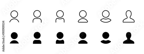 Set of user profile icons in outline and solid fill, depicting male and female silhouettes for representing people, users, and accounts