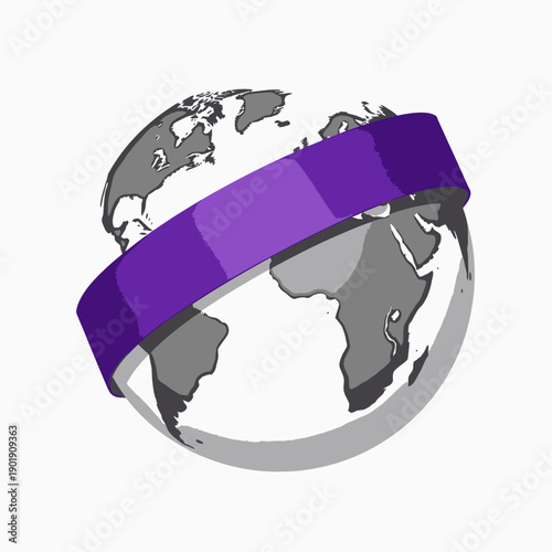 Illustration of a Simplified 3D Globe Encircled by a Bold Purple Band Symbolizing Global Connectivity and Abstract International Communication Concept