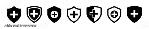 Shield with cross icons representing healthcare, protection, safety, medical assistance and security, available in solid and outline styles with different shield shapes and backgrounds
