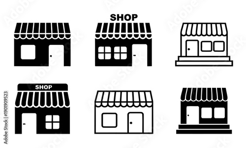 Shop storefront icons, retail store building vector illustration, market facade collection, commercial establishment signs, small business frontages, commerce.