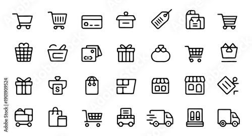 Shopping and e-commerce icons set, retail cart and bag symbols, payment and delivery elements, online store, commerce, shop, market, tag, wallet, purchase icons