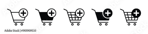 Shopping cart icons with plus sign for adding items to cart, e-commerce online shopping symbols, buy now concept, vector icons set.