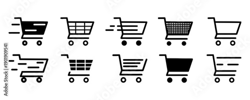 Shopping cart and trolley icons representing online shopping e-commerce and retail consumerism with different styles and speeds for commercial use and web design