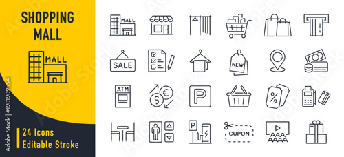 Shopping mall icons set with stores, shops, and shopping carts representing retail and commerce, consumer activity editable stroke line art collection