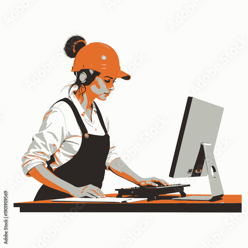 Focused Female Engineer Working on Computer Desk with Protective Gear and Headphones in a Professional Work Environment