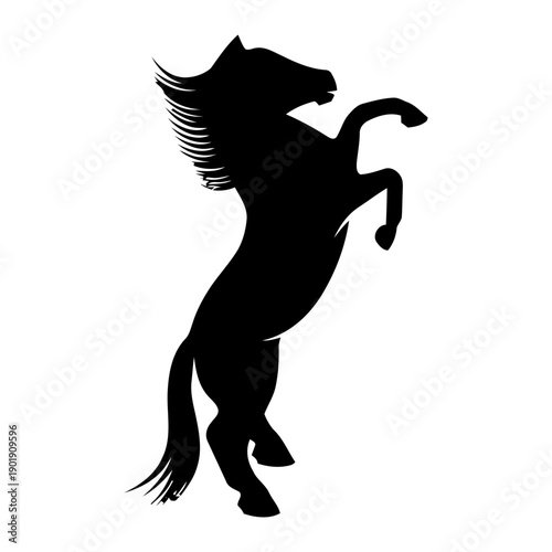 Silhouette of rearing horse, black stallion standing on hind legs with flowing mane and tail, powerful wild animal symbolizing freedom and strength, isolated on white background vector art