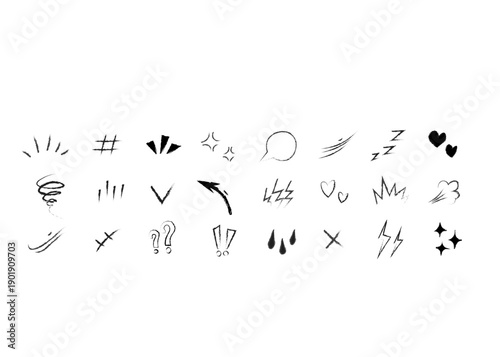 hand-drawn manga and anime emotion effects and symbols, Hand drawn chalk pencil explosion effects, charcoal expression signs