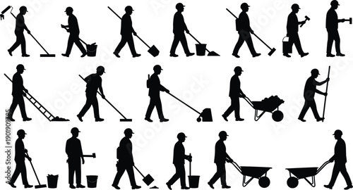 Construction worker silhouettes set, manual labor worker icons, builder with
