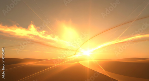 Vibrant desert sunset with radiant sun and dynamic light rays