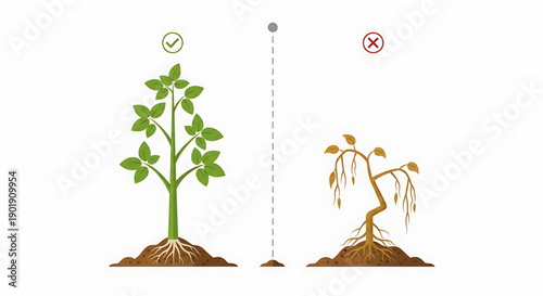 Healthy green plant versus dead wilting plant comparison of thriving and dying vegetation growth and decay concept