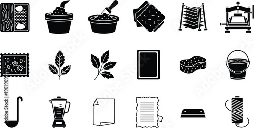 A collection of black and white icons representing tools and processes used in traditional handmade papermaking.