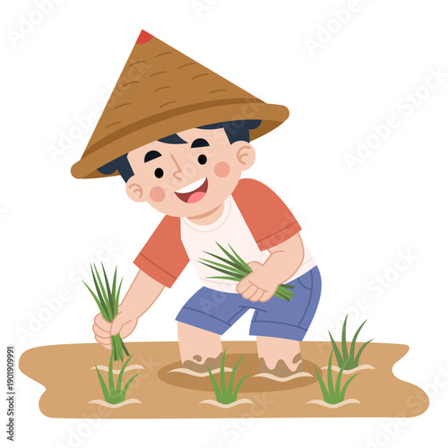 Illustration of Farmer Planting Rice Seedlings