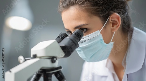 Female scientist in lab,medical mask,look trough microscope,modern scientific technology concept