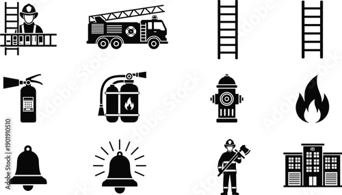 Large collection of black firefighter and emergency service silhouettes featuring fire truck extinguisher hydrant station ladder and rescue personnel icons isolated on white background.