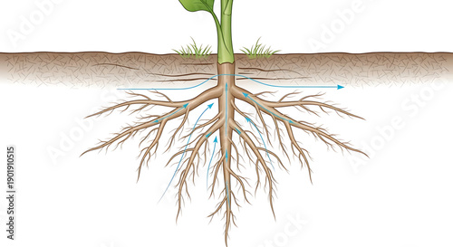 Plant root system with soil and water absorption illustration