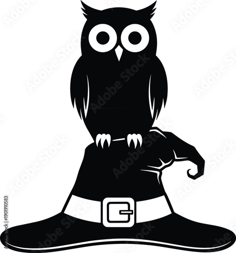 Black owl silhouette perched on a witch hat for Halloween holiday party decor mystical magic themes spooky bird wildlife concepts and gothic vector graphic designs,