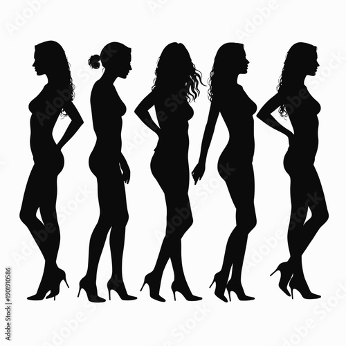 Silhouette Illustration of Five Female Figures in Various Poses Showcasing Diverse Body Shapes on High Heels in Side View