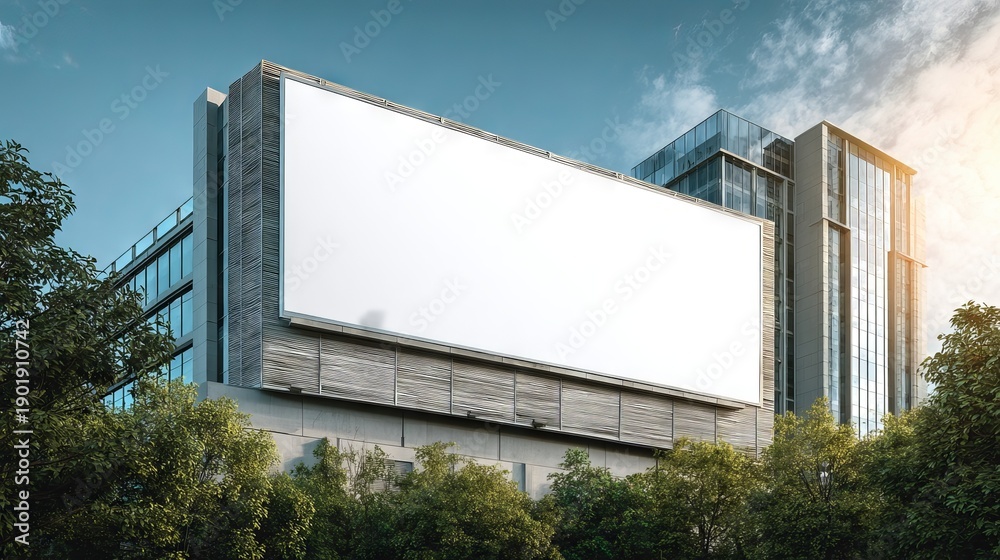 Obraz premium Empty rooftop billboard poster mockup on shopping mall, huge white advertising template on modern building roof framed by trees, outdoor banner with copy space