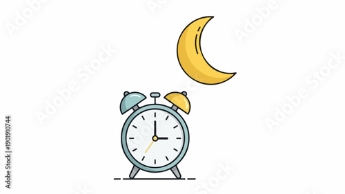 A cartoon-style illustration of an alarm clock and moon