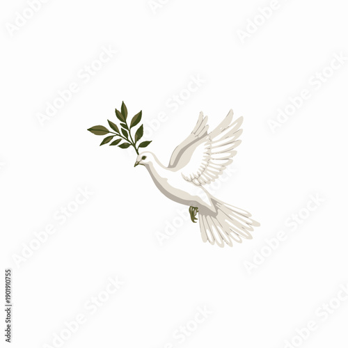 Serene white dove soaring gracefully with olive branch, symbolizing peace, hope, and harmony against a tranquil, pristine background