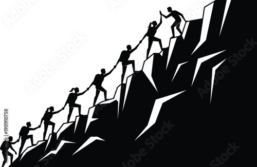 Black silhouette of a team of mountain climbers helping each other to reach the summit for leadership cooperation motivation success and business teamwork concepts,