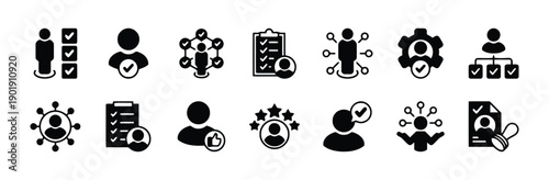 Solid icons representing human resources, recruitment, and team management, showing checklists, employee profiles, organizational charts, and collaboration networks in a modern flat style.