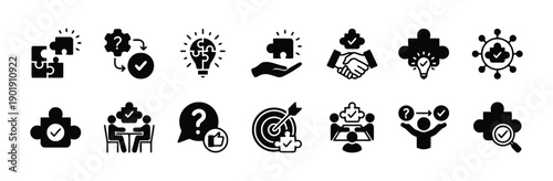 Solution and puzzle icons collection featuring solid black silhouettes of light bulbs checkmarks gears and hands for business strategy creative brainstorming and problem solving process symbols