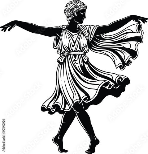 Black silhouette of an ancient Greek woman dancing in a traditional chiton dress for classical history performing arts mythology festivals and vintage Greco-Roman graphics,