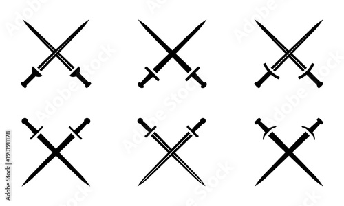Six pairs of crossed swords in black silhouette style representing conflict battle combat or medieval weaponry and dueling in a graphic illustration