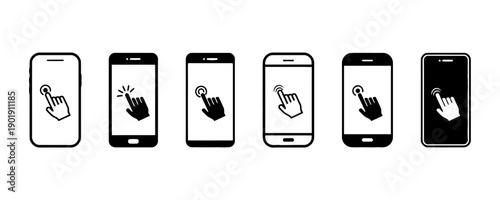Smartphone screen interaction icons showing finger touching display in various styles, representing touch screen use, mobile app navigation, and digital interface engagement.