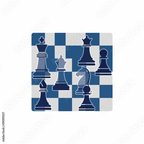 A blue and white chessboard with chess pieces