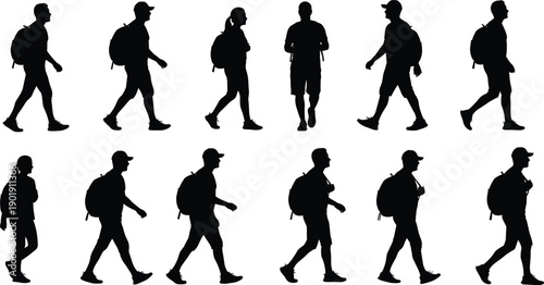 Walking people silhouette set with backpack, male and female pedestrian figures in motion, black human shapes isolated on white background for design use