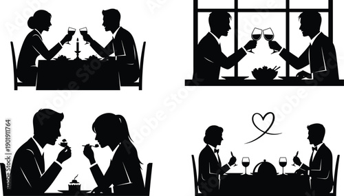 Black silhouettes of couples having a romantic dinner date with wine and dessert for Valentine Day celebration restaurant marketing and relationship counseling website designs,