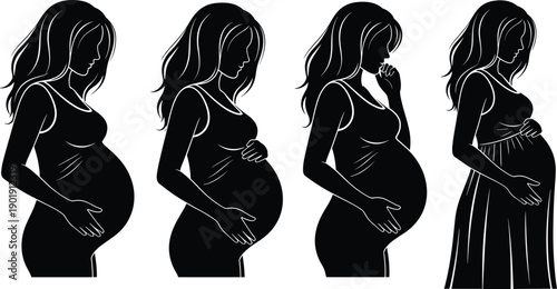 Black silhouettes of pregnant woman in various stages of pregnancy for maternity healthcare prenatal wellness motherhood branding pregnancy tracking and mother to be graphics,